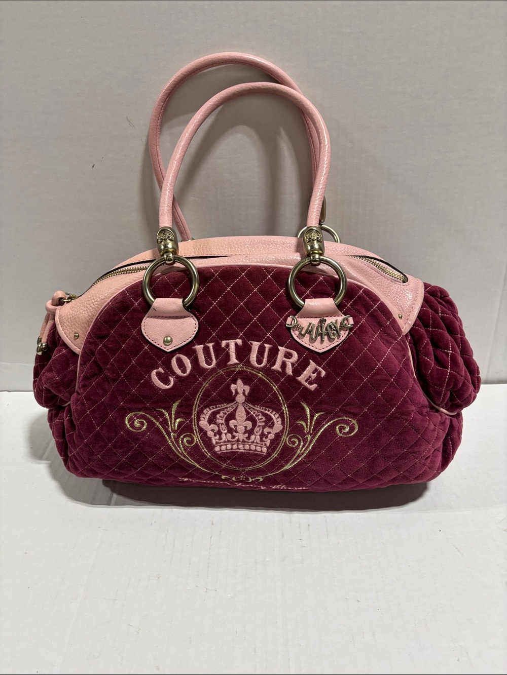 Vintage Y2K Juicy Couture Purse Bag Wine & Pink Quilted Velour Daydreamer